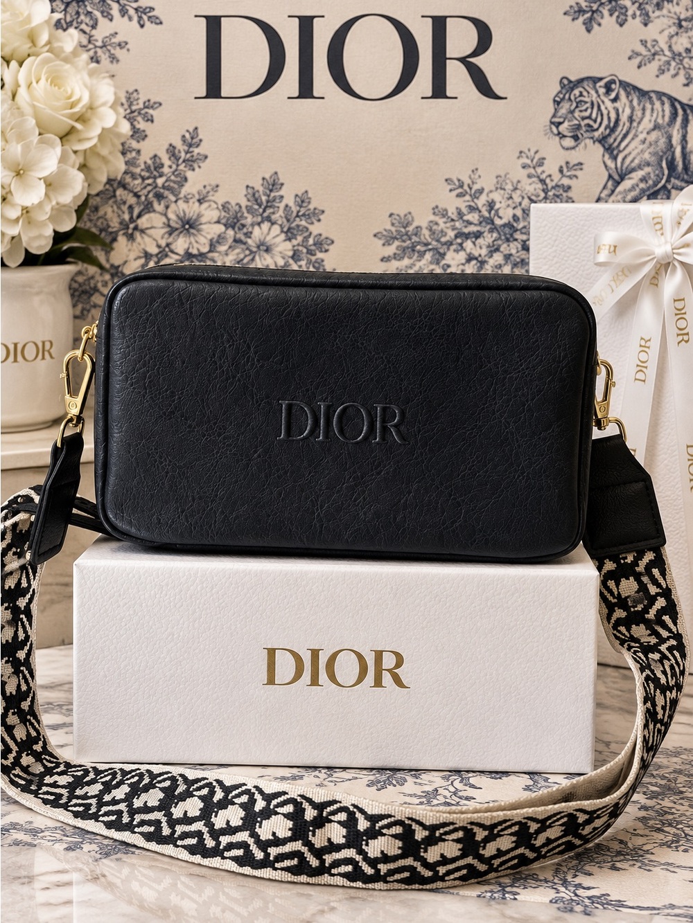 Dior Navy Leather Crossbody with Patterned Jacquard Strap